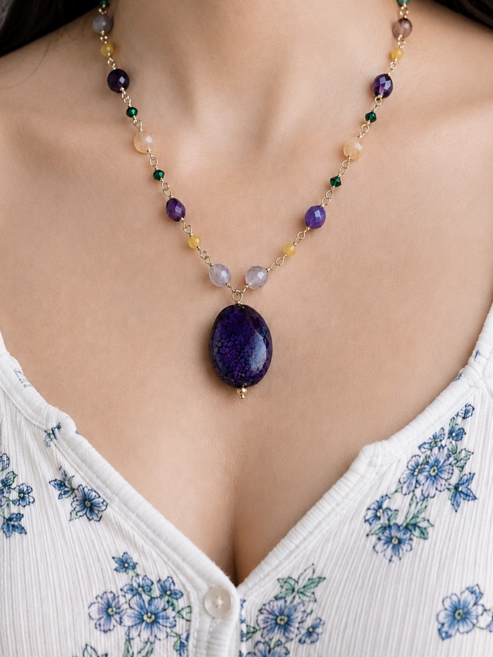 Handcrafted Purple Stone Pendant Necklace with Multicolor Beads